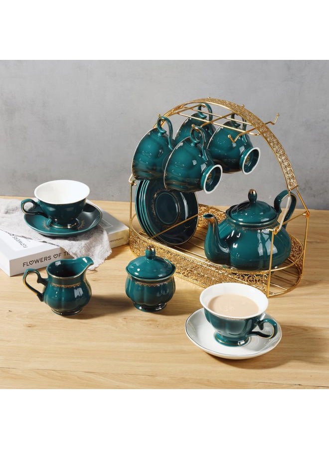 CHENP.HMC Tea Set 22-Piece Porcelain Ceramic Coffee Tea Sets Cups Saucer Service for 6 Teapot Sugar Bowl Creamer Pitcher and Teaspoons Porcelain Tea Set(Dark Green) - Image 2
