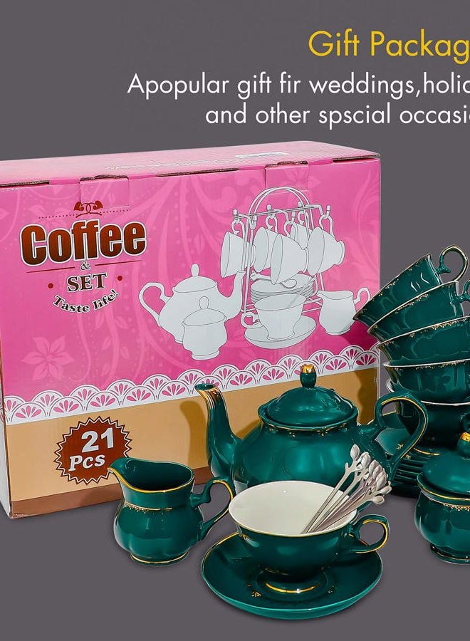 CHENP.HMC Tea Set 22-Piece Porcelain Ceramic Coffee Tea Sets Cups Saucer Service for 6 Teapot Sugar Bowl Creamer Pitcher and Teaspoons Porcelain Tea Set(Dark Green) - Image 5
