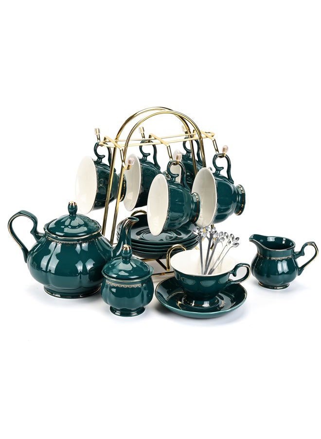 CHENP.HMC Tea Set 22-Piece Porcelain Ceramic Coffee Tea Sets Cups Saucer Service for 6 Teapot Sugar Bowl Creamer Pitcher and Teaspoons Porcelain Tea Set(Dark Green) - Image 1