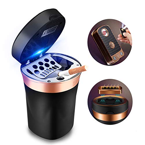 SOLARXIA Car Ashtray, Auto Ashtray Cigar Electronic Cigarette Lighter Detachable Solar Powered/USB Rechargeable with Lid Blue LED Light for Most Car Cup Holder Home Office (Black) - Image 1