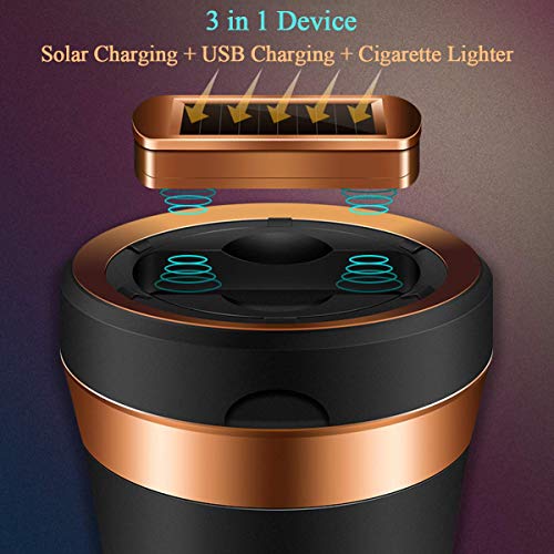 SOLARXIA Car Ashtray, Auto Ashtray Cigar Electronic Cigarette Lighter Detachable Solar Powered/USB Rechargeable with Lid Blue LED Light for Most Car Cup Holder Home Office (Black) - Image 3