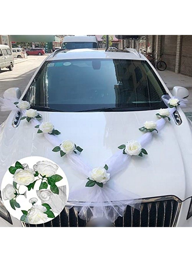 EUBUY تزيين سيارة الزفاف بالزهور الاصطناعية وأقواس الشريط للزفاف وتزيين السيارة لفعاليات الحفلات والإكسسوارات لوازم الزفاف - Image 3