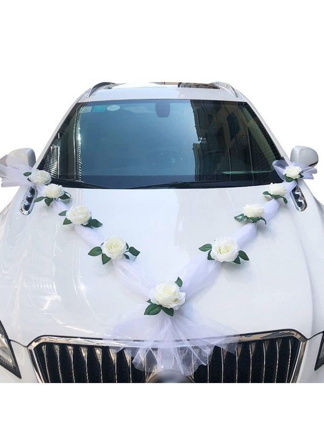 EUBUY تزيين سيارة الزفاف بالزهور الاصطناعية وأقواس الشريط للزفاف وتزيين السيارة لفعاليات الحفلات والإكسسوارات لوازم الزفاف - Image 2