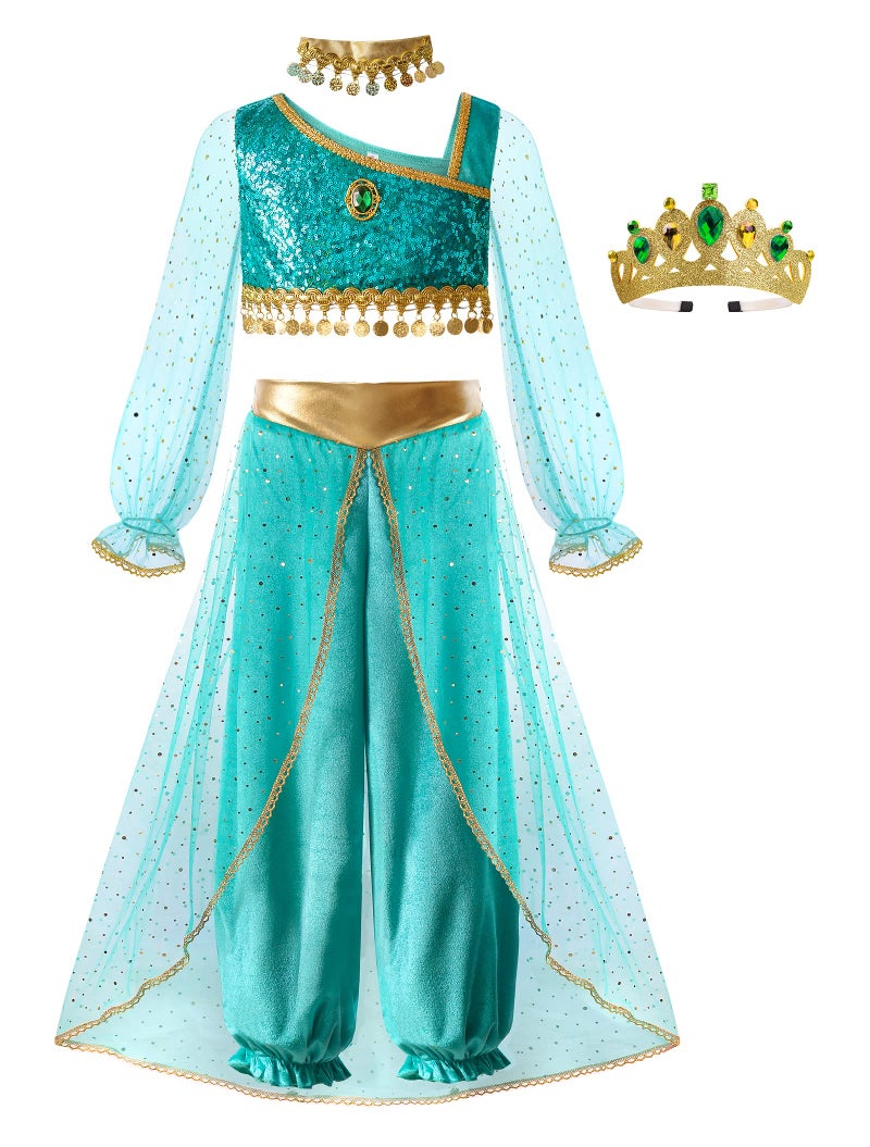 ReliBeauty Princess Toddle Costumes for Girls Arabian Long Sleeves Dress up Holloween Party Birthday with Collar and Crown1214150 Green - Image 2