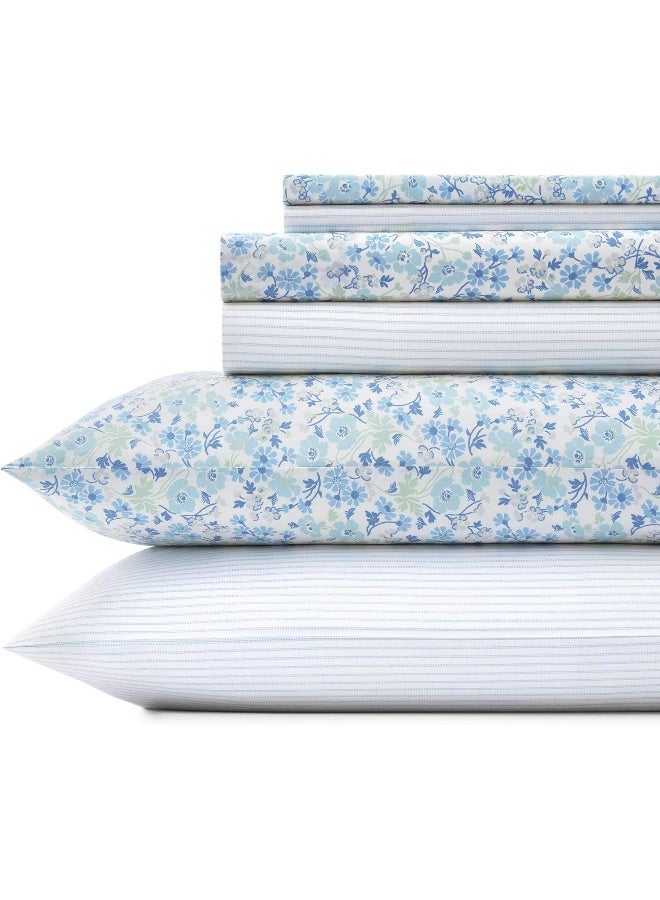 Laura Ashley - Queen Sheets, Cotton Percale 6-Piece Bedding Set, Crisp & Cool Home Decor (Jaynie Pastel Blue, Queen) - Image 1