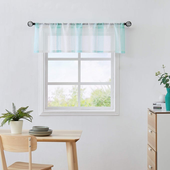 SPA BLUE AND WHITE KITCHEN WINDOW CURTAIN VALANCE VERTICAL STRIPE SHEER BOUCLE LINEN WINDOW CURTAIN LIVING ROOM DECORATIVE ROD POCKET 54 W X 15 L RUSTIC LIVING PANELS