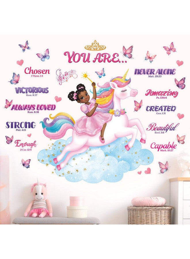 DECOWALL SG2-2503 Black Girl Unicorn Bible Verse Wall Decals Stickers Pink Décor Bedroom Room Art Toddler Decorations Peel and Stick Princess Nursery Butterfly Kids Baby Home Quotes Inspirational - Image 2
