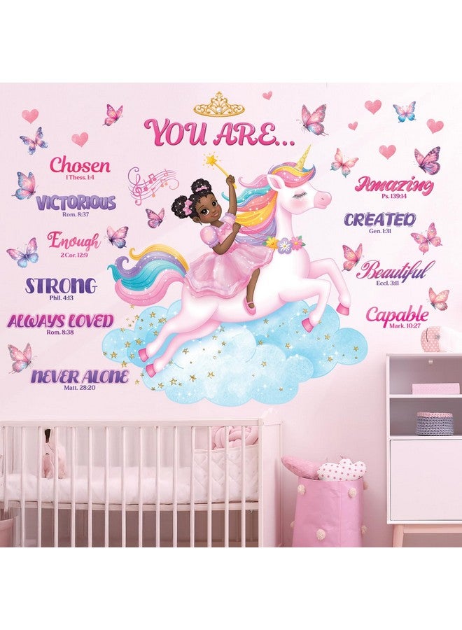 DECOWALL SG2-2503 Black Girl Unicorn Bible Verse Wall Decals Stickers Pink Décor Bedroom Room Art Toddler Decorations Peel and Stick Princess Nursery Butterfly Kids Baby Home Quotes Inspirational - Image 3