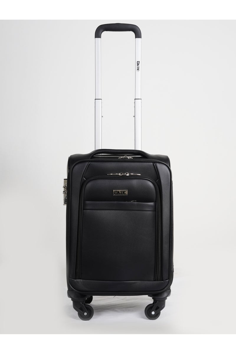 Cary-On Leather Luggage Lightweight Trolley Bag with 4 Spinner Wheels and Built in Combination Lock 17 inch Black