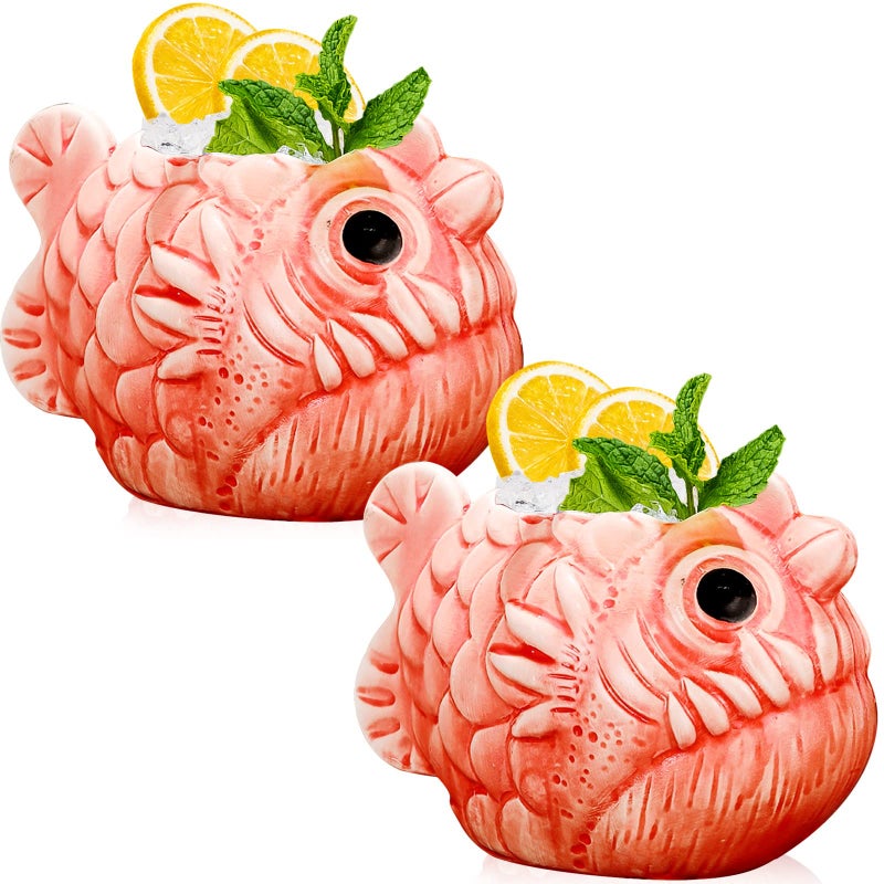 INFTYLE Tiki Mugs Fish Cocktail Tiki Cups 22oz650ml Set of 2 Creative Red Tiki Glasses Tiki Bar Glasses Large Ceramic Hawaiian Themed Tropical Tiki barware for Party Barware