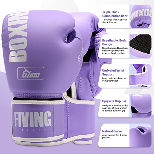 FIVING Pro Style Boxing Gloves for Women, PU Leather, Training Muay Thai,Sparring,Fighting Kickboxing,Adult Heavy Punching Bag Gloves Mitts Focus Pad Workout for Ladies (New Purple, 8oz) - Image 2