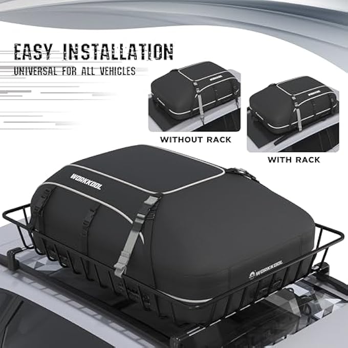 WORKKOOL Rooftop Cargo Carrier Vehicle Soft-Shell Carriers, Heavy Duty Car Roof Bag Waterproof Without Rack, Car Topper Luggage Carrier-with 6 Hooks,Mat&Coded Lock(15 Cuft) - Image 3