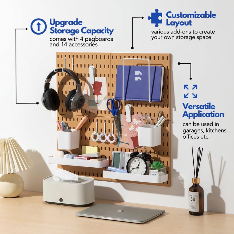 Keepo Peg Board Wall Organizer â€“ Plastic Pegboard Panels, Modular Peg Board Storage System for Home Office, Craft Room, Gaming Setup (Tan Brown, 22â€³Ã—22â€³) - Image 2