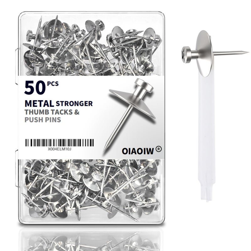 OIAOIW 50pcs Silver Thumb Tacks for Wall Picture Hangers Heavy Duty Push pins for Wall Double Headed thumbtacks for Hanging Metal Wall Tacks Wall pins Nails Hooks (Silver) - Image 1