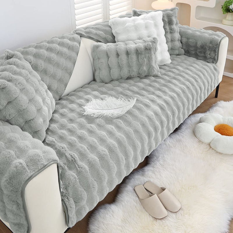 XSlive Soft Warm Faux Fur Couch Sofa Cover Thick Shaggy Fuzzy Sectional Couch Cover NonSlip Solid Color Plush Sofa Slipcover Furniture Protector for Kids Pets Light Grey28x28