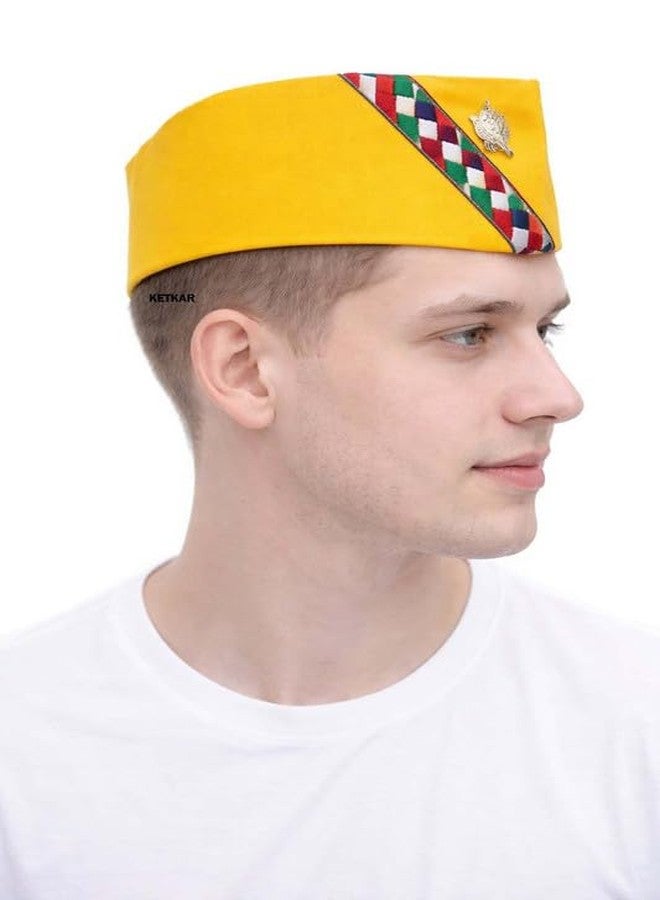 KETKAR Cotton Uttarakhand Pahadi Topi with Brahmakamal Design | Traditional Himachali Cap for Men | Soft Comfortable Ethnic Wear for Festivals (Set of 1)_Yellow - Image 1