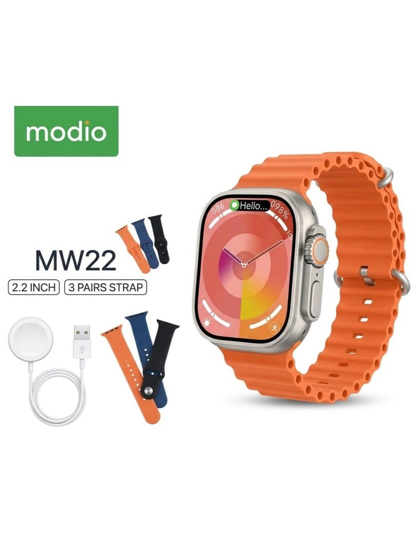 Modio MW22 Smart Watch with 2.2 Inch Full Screen, Supports Health Tracking and Sport Modes, Supports Smart Notifications and Alerts, Powerful Battery, Stylish and Modern Design, 3 Attachments for Switching, - Image 1