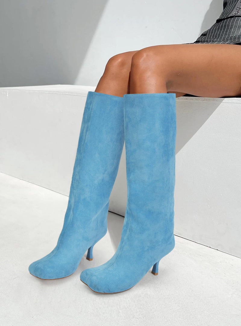 Wnshonzy Suede Knee High Boots for Women Wide Calf Kitten Heels Square Toe Tall Stiletto Long Soft Fall Boot Pull on Fashion Casual Cute Blue - Image 1