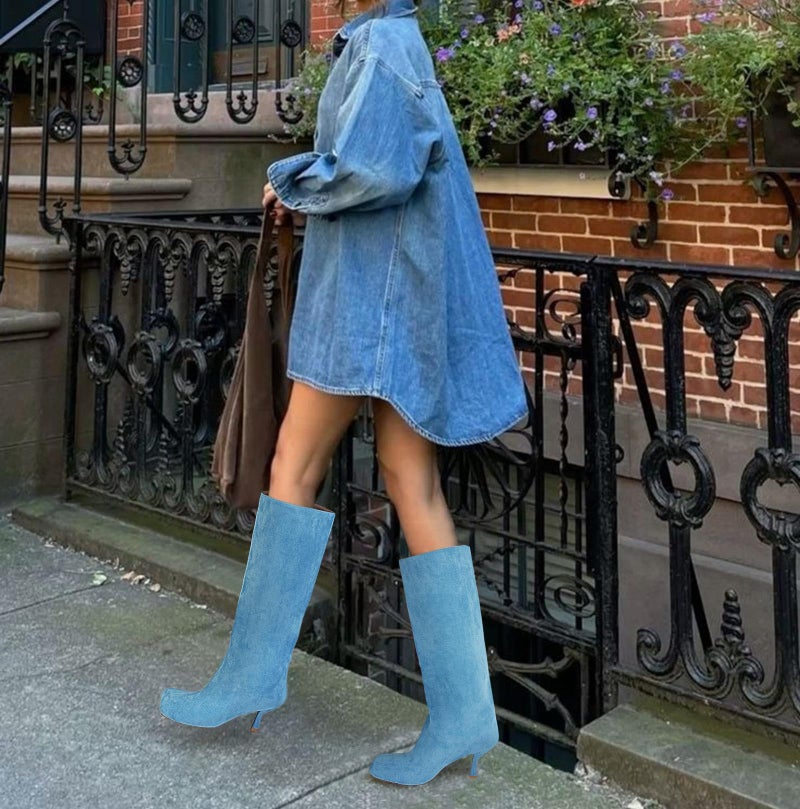 Wnshonzy Suede Knee High Boots for Women Wide Calf Kitten Heels Square Toe Tall Stiletto Long Soft Fall Boot Pull on Fashion Casual Cute Blue - Image 2