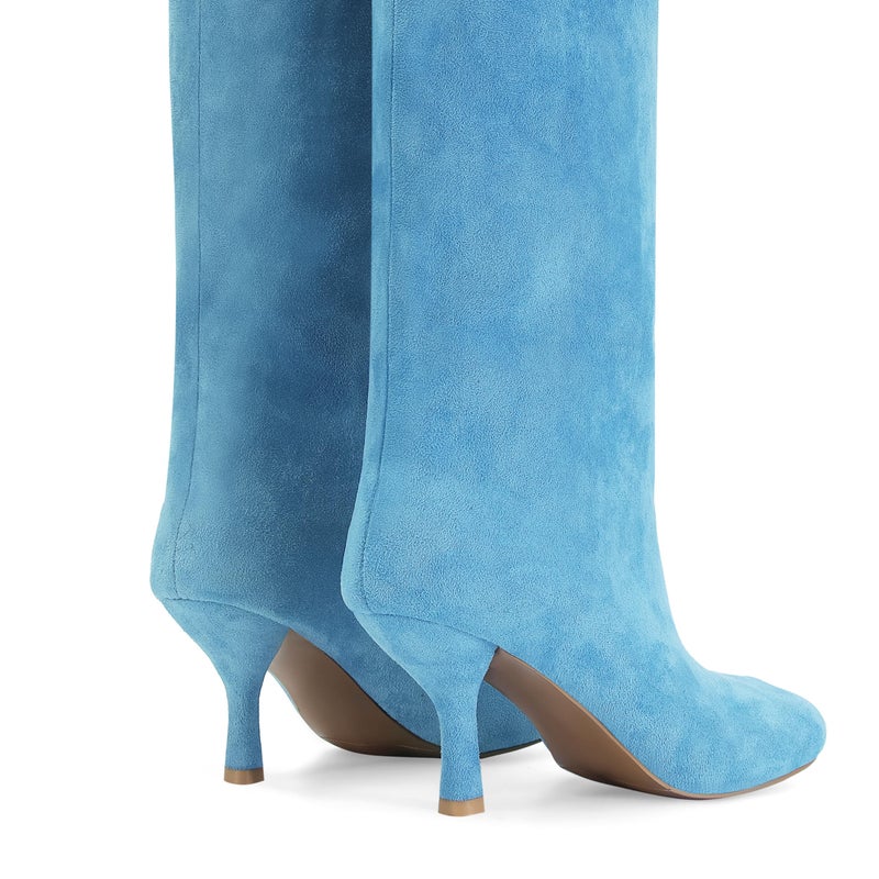 Wnshonzy Suede Knee High Boots for Women Wide Calf Kitten Heels Square Toe Tall Stiletto Long Soft Fall Boot Pull on Fashion Casual Cute Blue - Image 4
