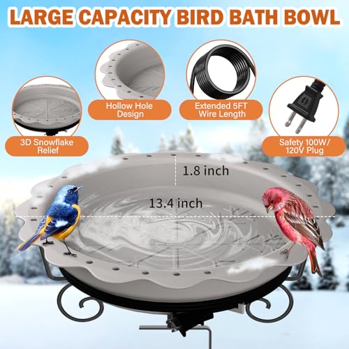 Jvgoo Heated Bird Bath for Deck Railing Powerful 100W Thermostatically Controlled Heated Bird Baths for Outdoors for Winter Heated Birdbath Water Heater for Outside Garden Yard Patio Lawn Grey - Image 3
