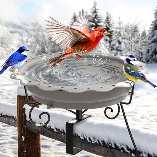 Jvgoo Heated Bird Bath for Deck Railing Powerful 100W Thermostatically Controlled Heated Bird Baths for Outdoors for Winter Heated Birdbath Water Heater for Outside Garden Yard Patio Lawn Grey - Image 1