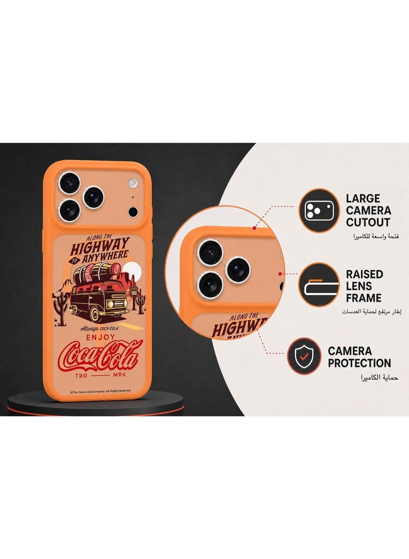 Coca-Cola iPhone 17 Pro Max Magnetic Phone Case, Slim Protective Cover with Highway Adventure Artwork, Raised Camera Protection, Matte TPU, Orange - Image 3