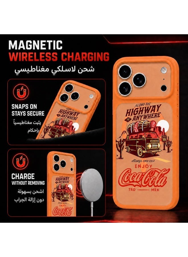 Coca-Cola iPhone 17 Pro Max Magnetic Phone Case, Slim Protective Cover with Highway Adventure Artwork, Raised Camera Protection, Matte TPU, Orange - Image 2