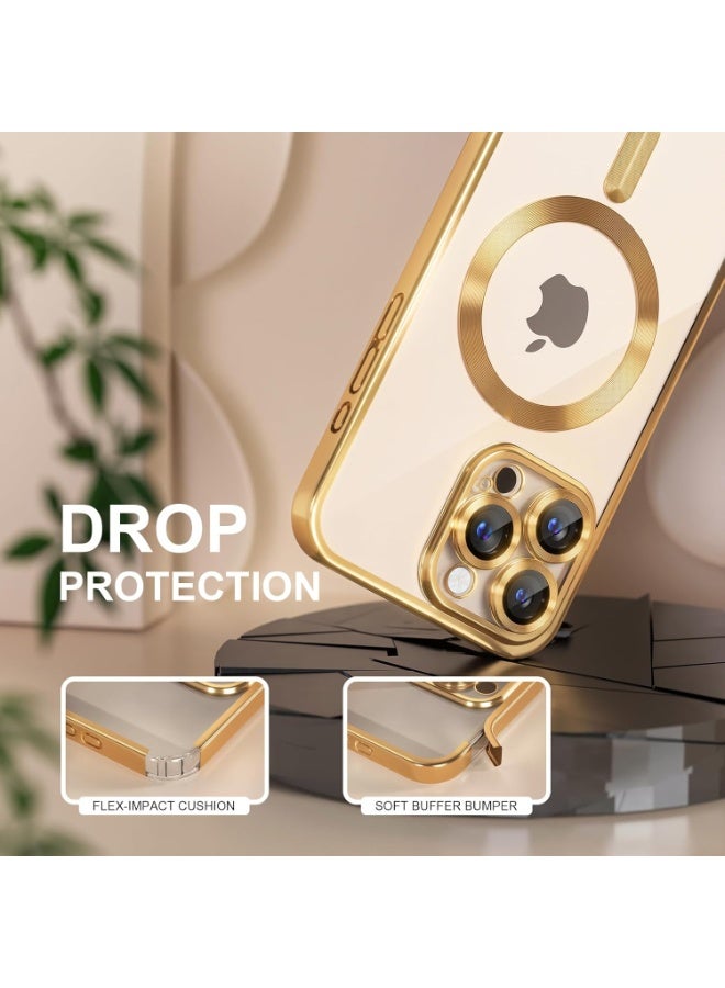 غطاء مغناطيسي لآيفون 16 Pro Max متوافق مع ماج سيف، 【مقاوم للاصفرار】 【حماية من السقوط بمستوى عسكري】 حماية كاملة للعدسة الكاميرا، غطاء هاتف مرن ناعم مطفى شفاف للنساء - ذهبي - Image 5