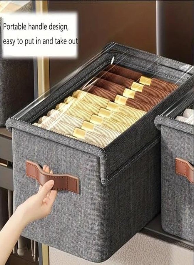 AESTROKE Foldable Storage Box with Clear Lid, Grey Linen Fabric, Leather Handles, Closet Organiser for Clothes and Accessories - Image 2