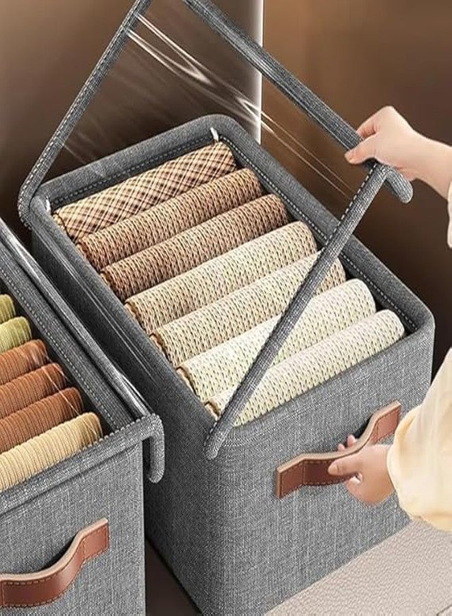 AESTROKE Foldable Storage Box with Clear Lid, Grey Linen Fabric, Leather Handles, Closet Organiser for Clothes and Accessories - Image 1