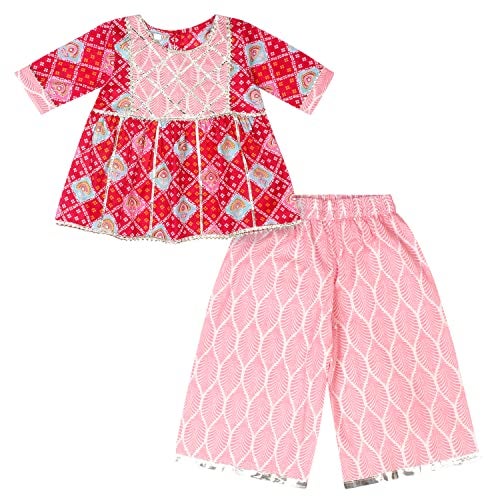 superminis Baby Girls Cotton Printed Kurti With Gota Work And Straight Palazzo Co-Ord Set (6-12 Months, Pink) - Image 1