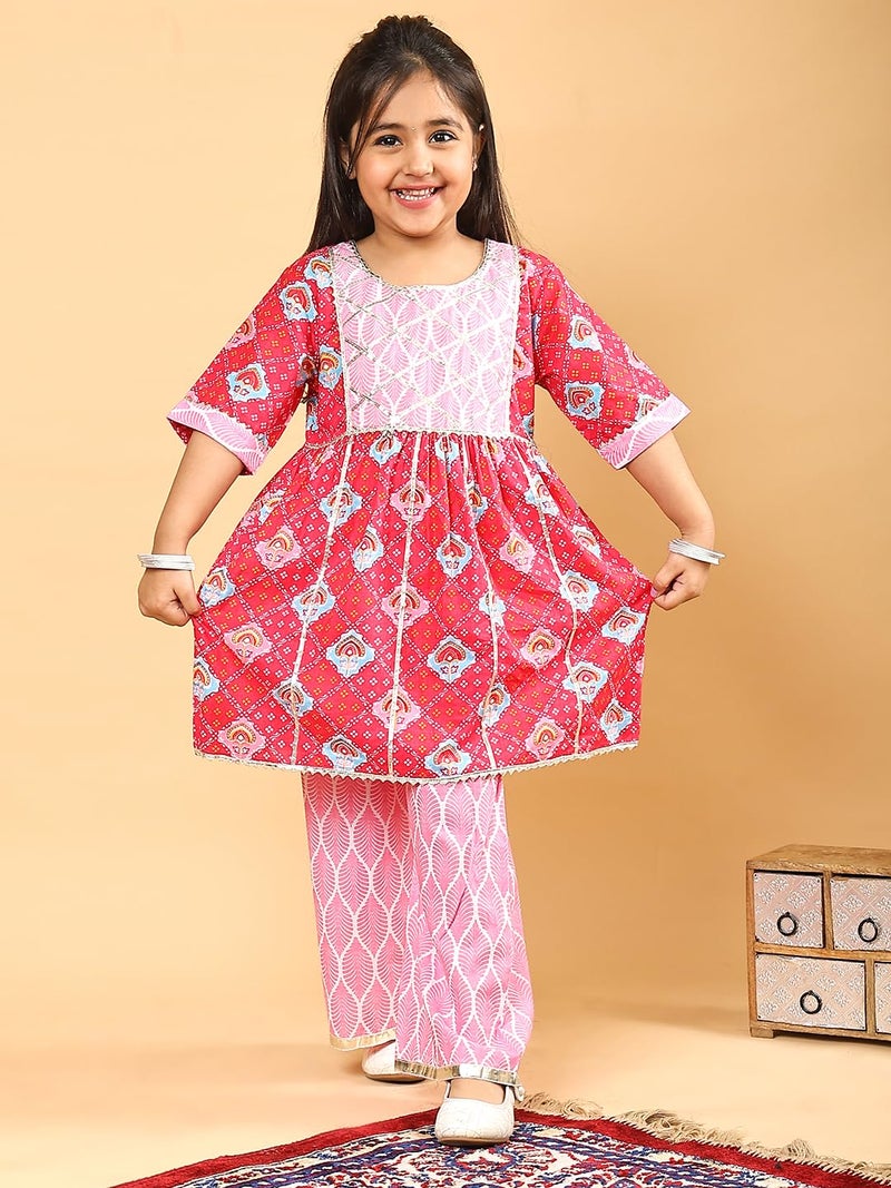 superminis Baby Girls Cotton Printed Kurti With Gota Work And Straight Palazzo Co-Ord Set (6-12 Months, Pink) - Image 2