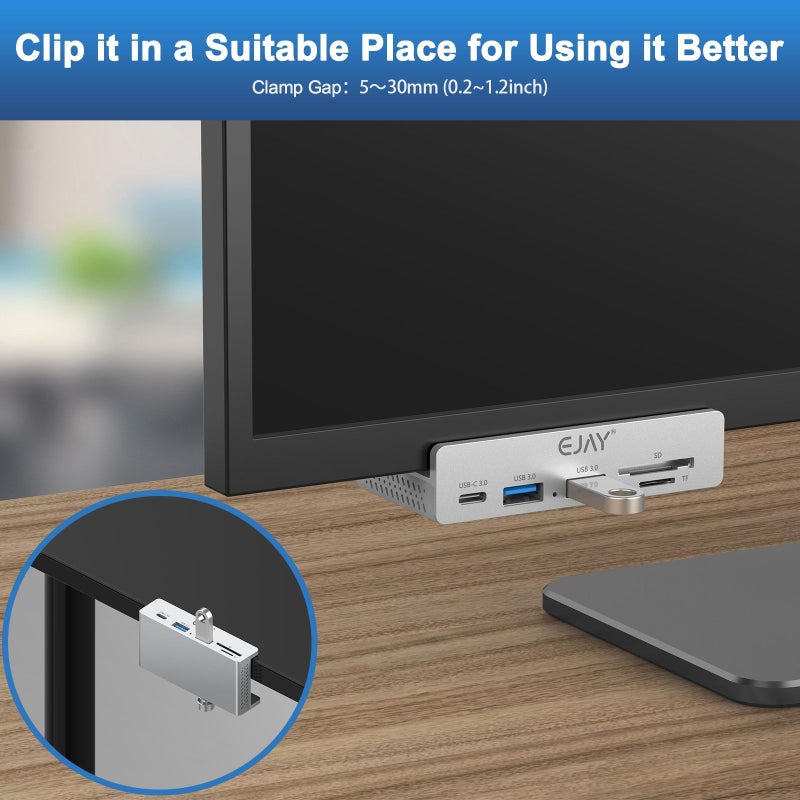 قارئ بطاقات USB 3.0 بـ 5 منافذ أسود اللون مع مشبك للتثبيت على المكتب أو الشاشة، كابل بطول 59 بوصة. - Image 5