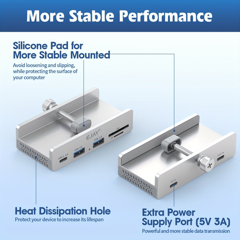 قارئ بطاقات USB 3.0 بـ 5 منافذ أسود اللون مع مشبك للتثبيت على المكتب أو الشاشة، كابل بطول 59 بوصة. - Image 2