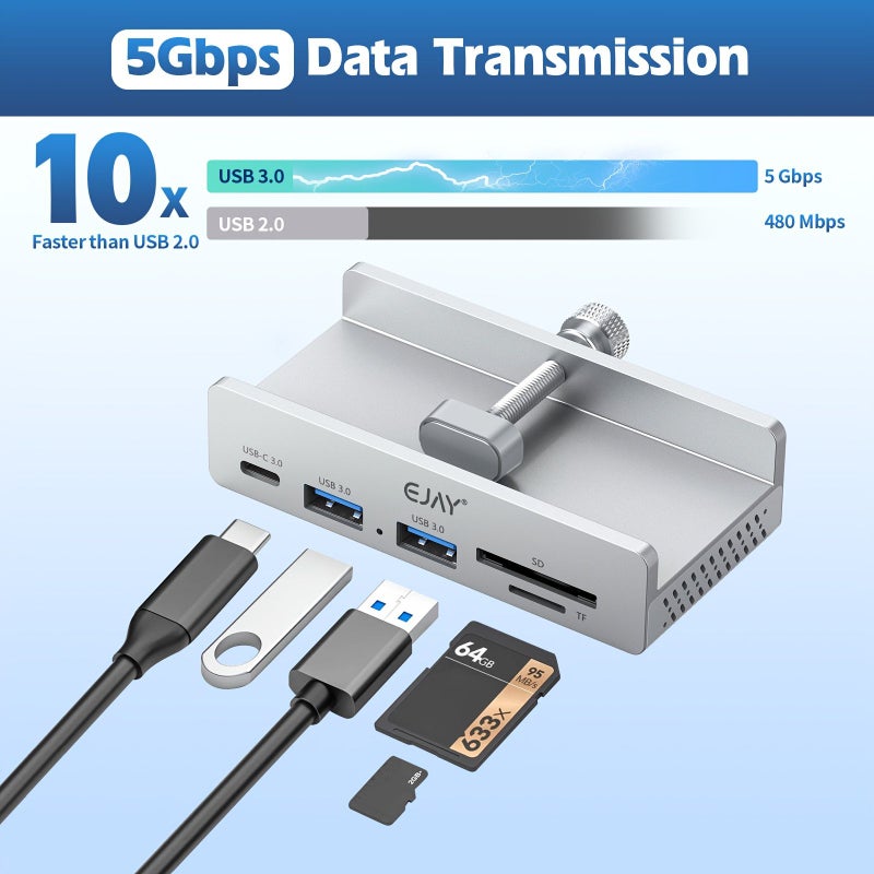 قارئ بطاقات USB 3.0 بـ 5 منافذ أسود اللون مع مشبك للتثبيت على المكتب أو الشاشة، كابل بطول 59 بوصة. - Image 1