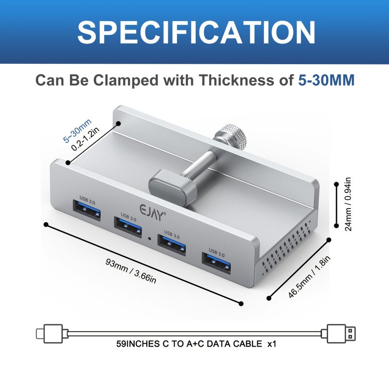 قارئ بطاقات USB 3.0 بـ 5 منافذ أسود اللون مع مشبك للتثبيت على المكتب أو الشاشة، كابل بطول 59 بوصة. - Image 3