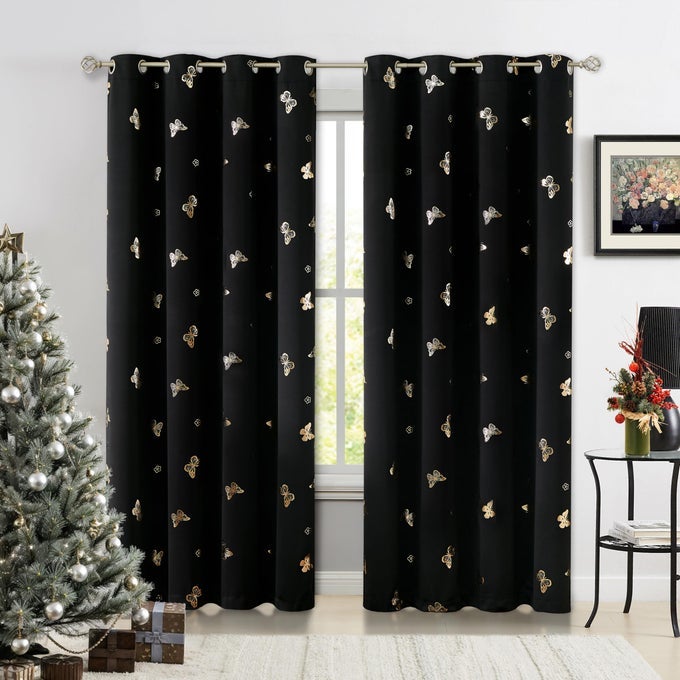 BUTTERFLY BLACKOUT CURTAINS 2 PANELS 84 INCH LONG FOR GIRLS BEDROOM BLACK AND GOLD FOIL PRINT FLORAL DRAPERY 100 ROOM DARKENING GROMMET TOP WINDOW DRAPES FOR LIVING ROOM 52X84INCH