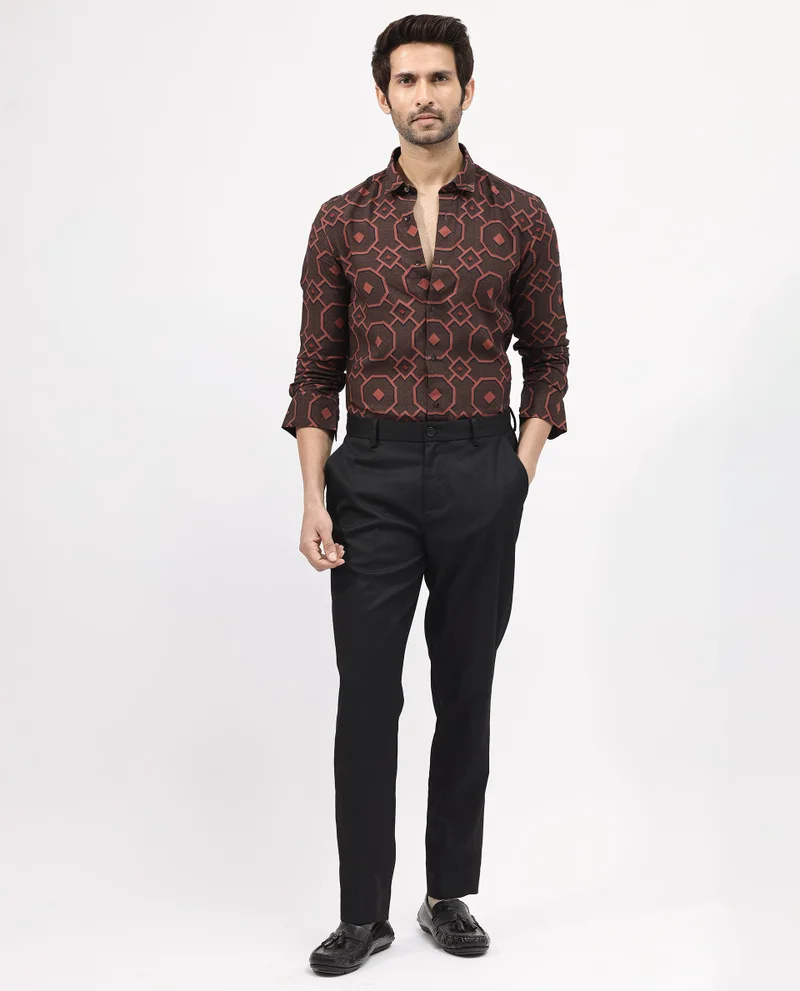 Rare Rabbit Rare Rabbit Mens Palmer Brown Full Sleeve Regular Collar Geometric Print Shirt