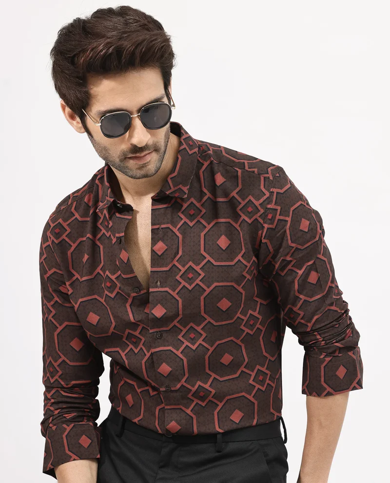 Rare Rabbit Rare Rabbit Mens Palmer Brown Full Sleeve Regular Collar Geometric Print Shirt
