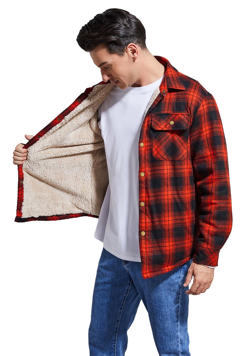 Puwasa Men's Sherpa Lined Cotton Flannel Shirt Jacket Plaid Button Up Jacket Coat for Men with Pocket Red Large - Image 2