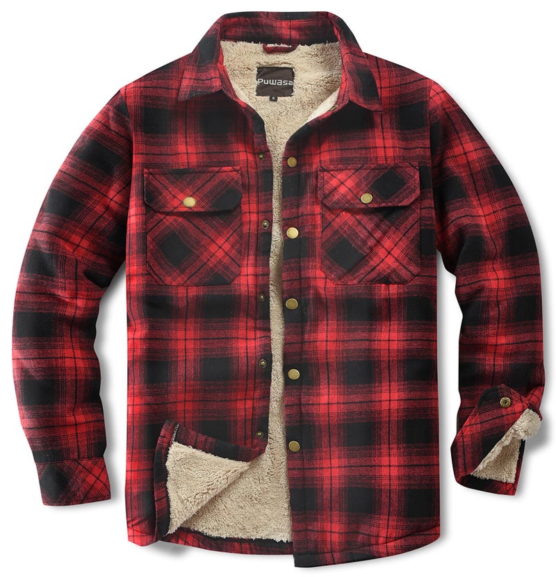 Puwasa Men's Sherpa Lined Cotton Flannel Shirt Jacket Plaid Button Up Jacket Coat for Men with Pocket Red Large - Image 1