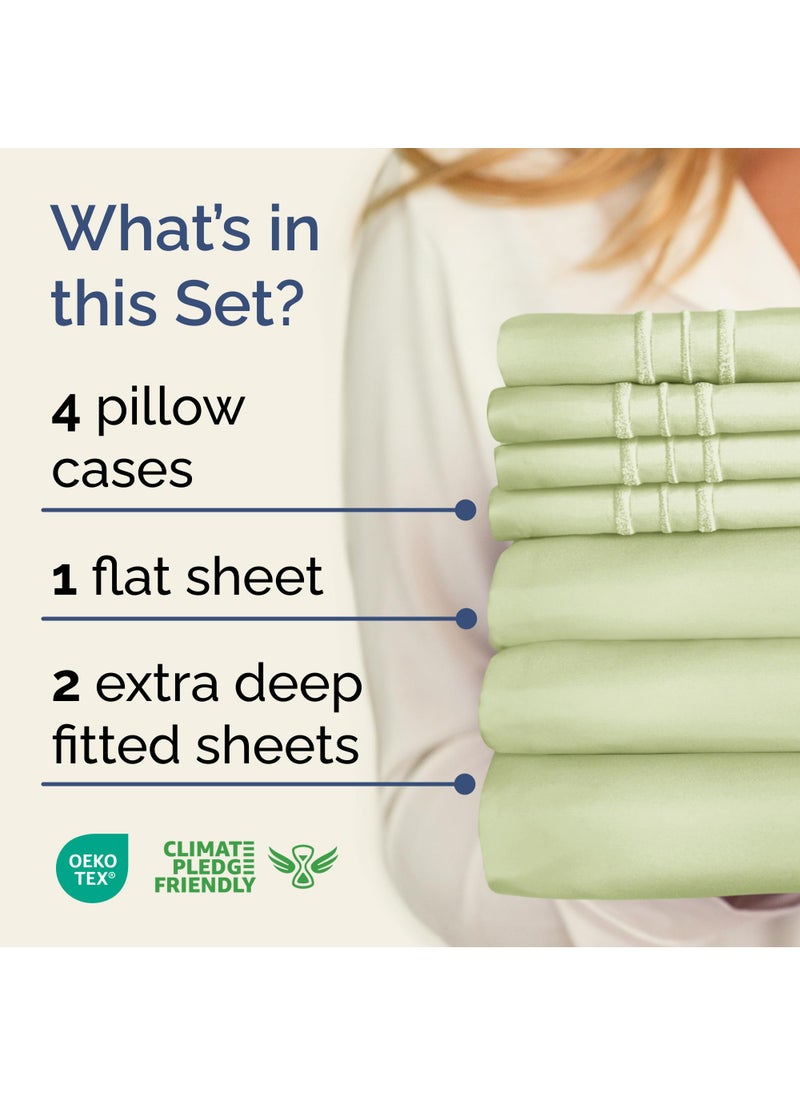 Extra Deep Split King Sheet Set - 7 Piece Breathable & Cooling Sheets - Hotel Luxury Bed Sheets Set - Easy Fit - Soft  Wrinkle Free & Comfy Sheets Set - Light Sage Sheet Set with Extra Deep Pockets