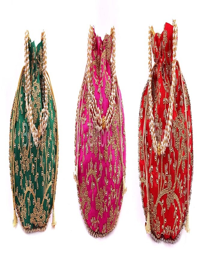 BINORI FASHIONS Rajasthani Style Royal Clutch Silk Batwa Bag Combo Khajoor Wristlets Ethnic Potli Combo For Women's Zari Work Potli Combo Bridal Potli Combo (Pack of 3) - Image 1