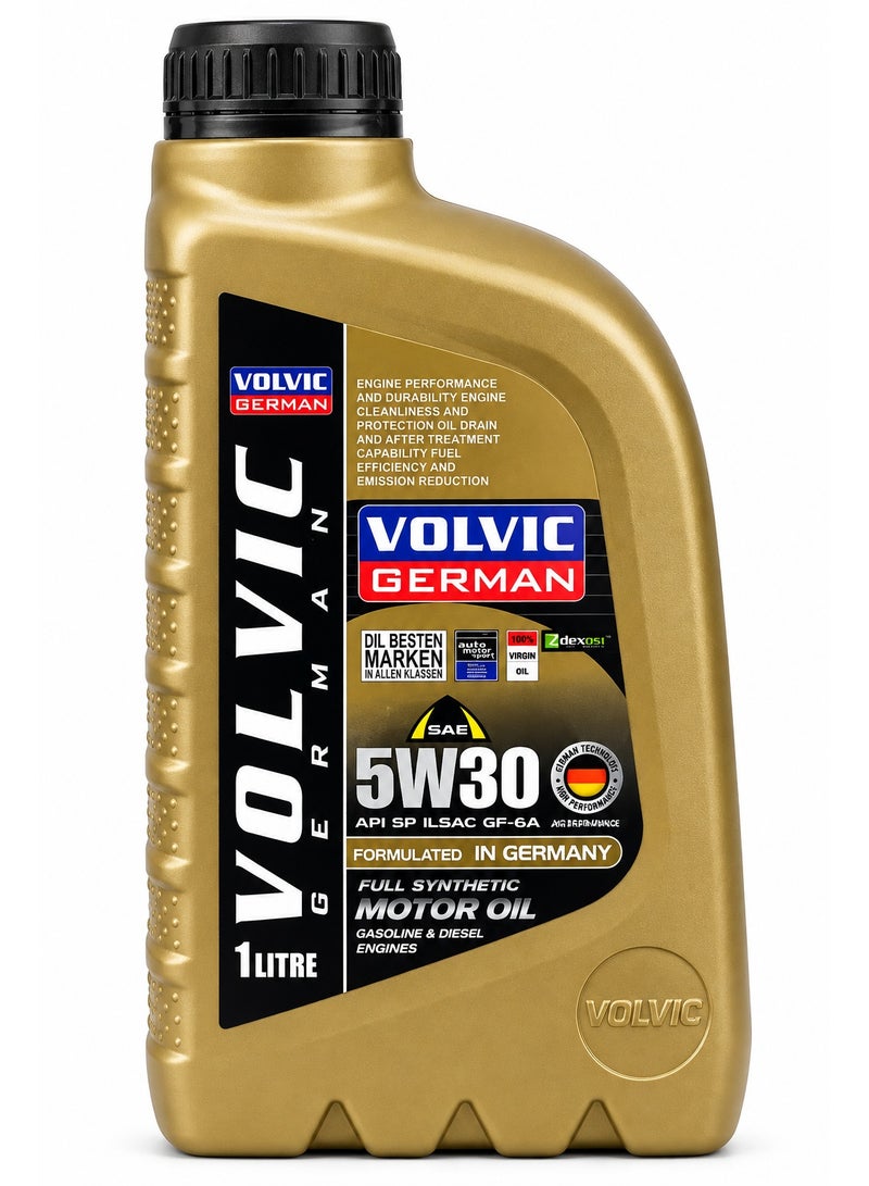 فولفيك زيت محرك VOLVIC GERMAN SAE 5W-30 تخليقي بالكامل سعة 1 لتر، بمواصفات API SP وILSAC GF-6A، زيت سيارات عالي الأداء مصمم للمساعدة على حماية المحرك والحفاظ على نظافته ودعم كفاءة استهلاك الوقود وتقليل الانبعاثات، مناسب لمحركات البنزين المتوافقة، تركيبة مطورة في ألمانيا - Image 1