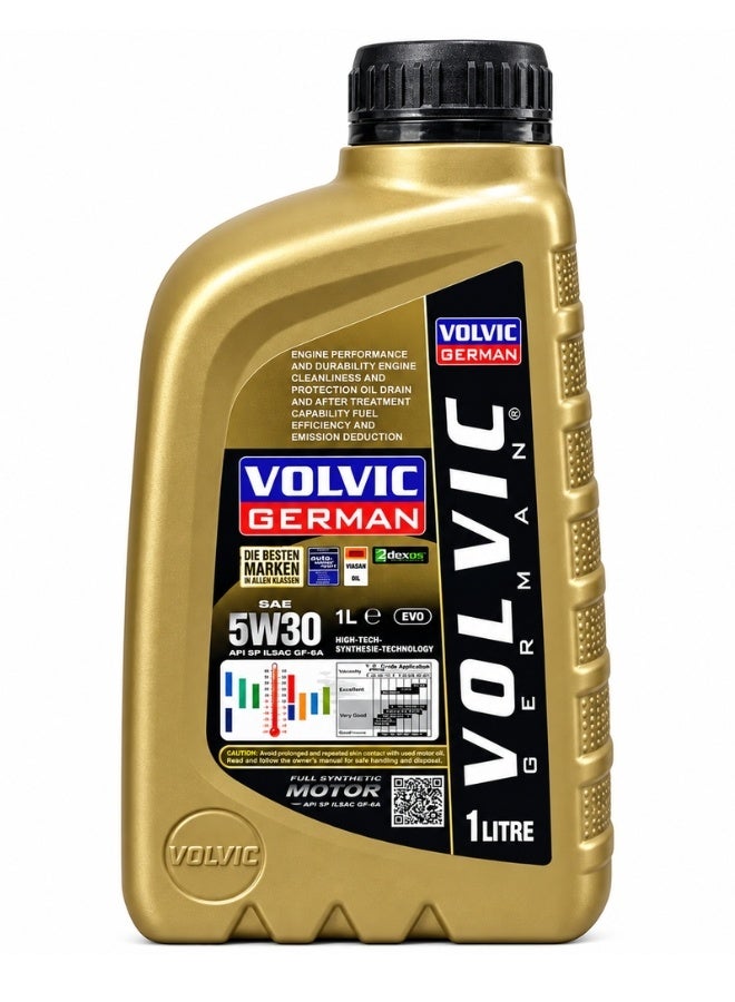 فولفيك زيت محرك VOLVIC GERMAN SAE 5W-30 تخليقي بالكامل سعة 1 لتر، بمواصفات API SP وILSAC GF-6A، زيت سيارات عالي الأداء مصمم للمساعدة على حماية المحرك والحفاظ على نظافته ودعم كفاءة استهلاك الوقود وتقليل الانبعاثات، مناسب لمحركات البنزين المتوافقة، تركيبة مطورة في ألمانيا - Image 2