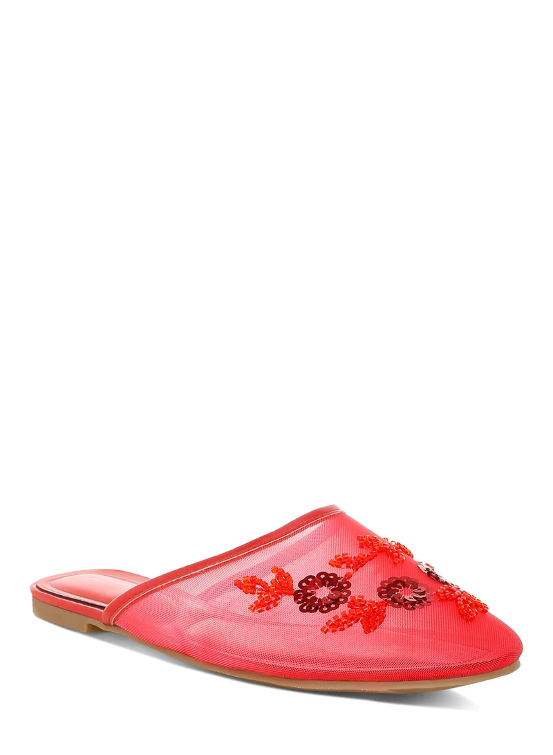 London Rag Mesh Sequin Beaded Mules in Red