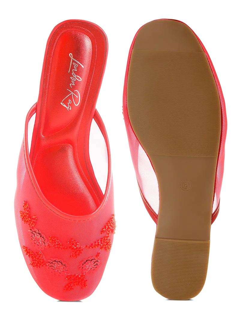 London Rag Mesh Sequin Beaded Mules in Red