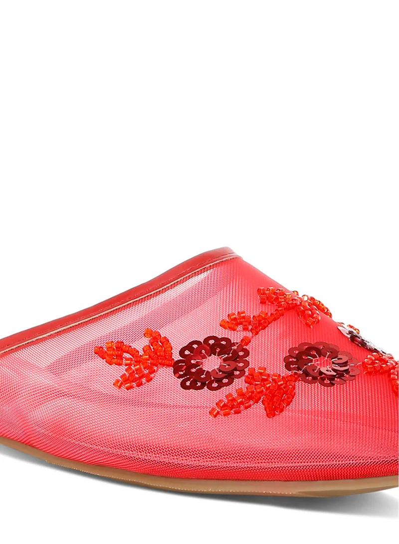 London Rag Mesh Sequin Beaded Mules in Red