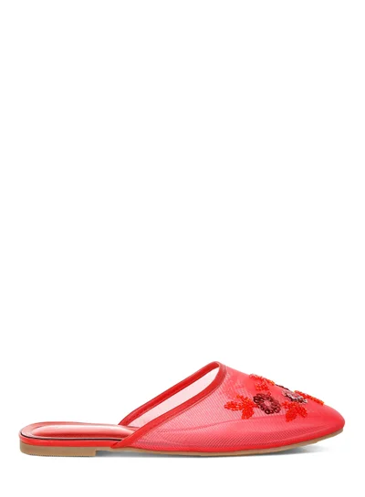 London Rag Mesh Sequin Beaded Mules in Red